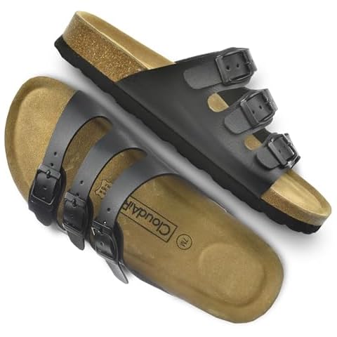 CLOUDAIR Ruth Sandals, Women’s Slides with Arch Support, Suede Vegan Leather, Adjustable 3 Buckle Straps and Cork Footbed, Black, 6.5, Women Cover