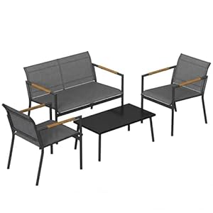 Outsunny 4 Seater Garden Furniture Set with Loveseat, 2 Armchairs, Metal-Top Table, Metal Garden Sofa Set with Breathable Mesh Seats, Outdoor Furniture Conversation Sets, Grey