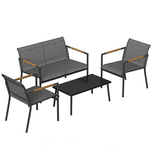 Image of Outsunny 4 Seater Garden Furniture Set with Loveseat, 2 Armchairs, Metal-Top Table, Metal Garden Sofa Set with Breathable Mesh Seats, Outdoor Furniture Conversation Sets, Grey