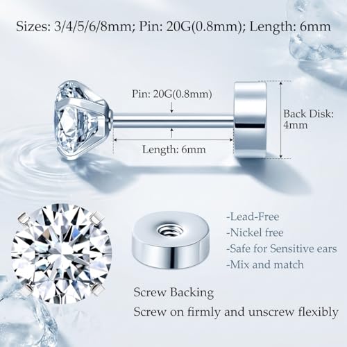 Image of SANNIDHI 5 Pairs Earrings for Women Flat Back Gold /Silver Cartilage Stud Earrings Cubic Zirconia 316L Stainless Steel Earrings - 3 4 5 6 8mm Hypoallergenic Nickel-Free