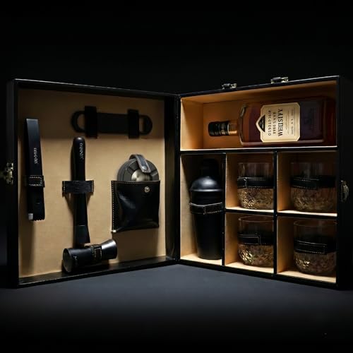 Image of Car-O-Bar Black Bar Set with Glasses Giftset | Bar Set for Home - Bartender Kit :Cocktail Shaker, Jigger, Muddler, Bottle Opener, Ice Tong, Set of 4 Whiskey Glasses and Ashtray