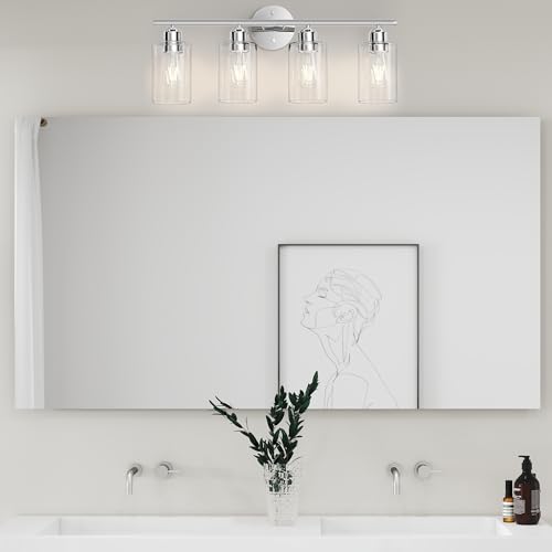 Image of Bathroom Vanity Light Fixtures Polished Chrome,4 Lights Rustic Farmhouse Vanity Bar Lighting Over Mirror Modern Industrial Wall Sconces Lamp with Cylinder Glass Shade