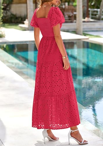 Image of PRETTYGARDEN Summer Dresses for Women 2026 Eyelet Square Neck Puff Sleeve Smocked Wedding Guest Maxi Dress with Pockets