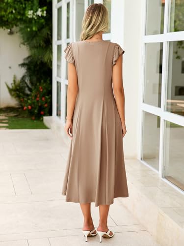Image of Simplee Womens Summer Casual Dress - Short Sleeve Button Crewneck A-Line Flowy Fit and Flare Beach Midi Dress(Coffee Grey,Small)