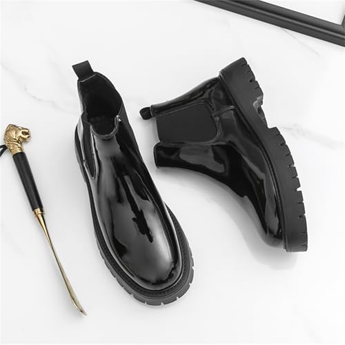 Men's Patent Leather Pull On Platform Low Chunky Block Heel Chelsea Boots Round Toe Lug Sole Ankle Short Boots Comfort Fashion Dress Shoes for Prom Party Dating Wedding2
