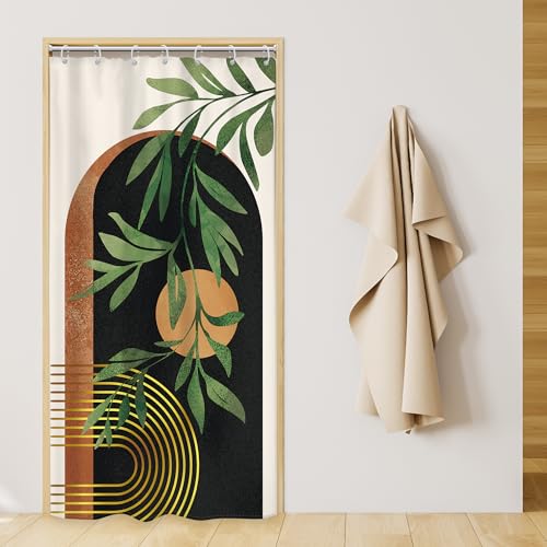 Image of Riyidecor Small Stall RV Boho Black Brown Shower Curtain Narrow Mid Century Abstract Modern Arch Leaves Sun 36Wx72H Inch Geometric Minimalist Fabric Decor Bathroom Polyester Waterproof Hooks