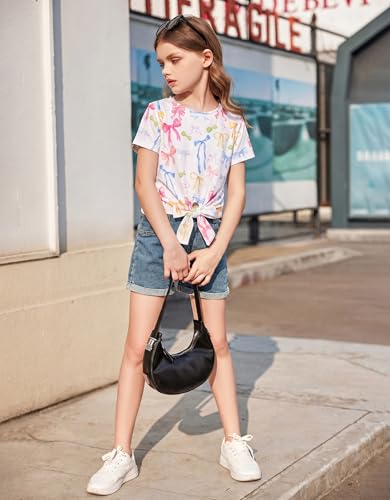 Image of Arshiner Girls Short Sleeve Shirts Tie Knot Front Tops T Shirts for Kids Crewneck Cute Casual Tie Dye Tee Blouse