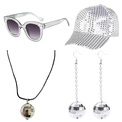 Chapeau Paillette, Lot de 4 Accessoires Disco des années 70 pour Adultes - Chapeau Disco avec Paillettes, Lunettes de Soleil - Costume Disco argenté pour fête, Anniversaire