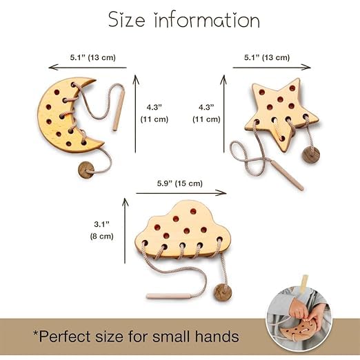 Glenoxzone Wooden Lacing Toy for Toddlers | Montessori Sewing Kit for 2+ Year Olds β Fine Motor Skills Development Toy | Educational Wooden Threading Set with Cloud, Moon & Star Shapes (Beige Combo) 2