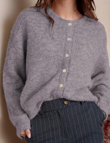 Image of Ynhonra Womens Cardigan Sweater Front Button Loose Y2k Long Sleeve Crewneck | Lightweight Knit Ribbed Hem