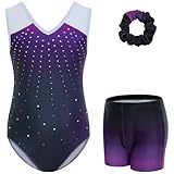 Gogokids Conjunto de 3 piezas de gimnasia para niñas, cuello en V, con purpurina, leotards, para niños, con pantalones cortos y goma para el pelo para ballet, yoga y actuaciones, edades 3-12, negro