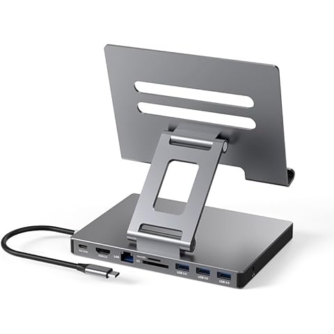 iPad Pro USB C Hub Stand, 9-in-1 Adapter for iPad Pro M4 M2 13 12.9 11 Inch Docking Station Foldable with 4K 60Hz HDMI, RJ45 Gigabit Ethernet, SD/TF Card Reader, 3 USB 3.0, 3.5 mm Audio, iPad Air Cover