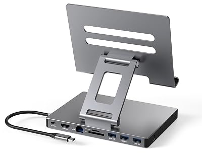 iPad USB C Hub Stand, 9-in-1 Multiport Adapter for iPad Pro M4 M3 M2 13 12.9 11 Inch Docking Station Foldable with 4K60Hz HDMI, RJ45 Gigabit Ethernet, SD/TF Card Reader, USB 3.0, 3.5 mm Audio