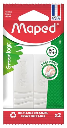 Maped - Lot de 2 Gommes Greenlogic - Apporte précision et Confort - Gomme Blanche - sans Phtalates - sans PVC - Emballage Eco-Conçu - Fabriqué en France