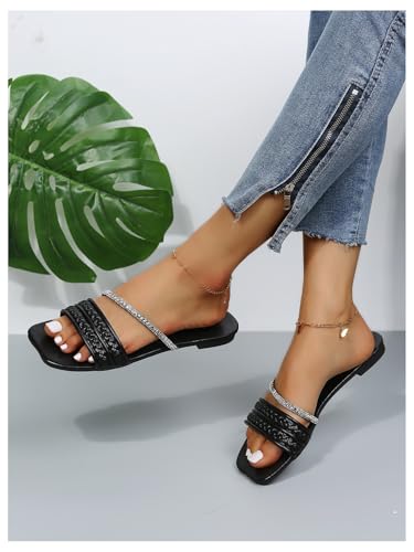 Image of GORGLITTER Women's Rhinestone Sparkly Flat Sandals Glitter Strappy Wedding Braided Prom Leather Square Toe Slide Shoes