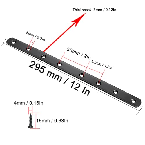 12\" Flat Mending Plate 4Pcs Flat Straight Braces Stainless Steel Straight Brackets, Repair Fixing Bracket Connector, Mending Joining Plates with Screws, Black