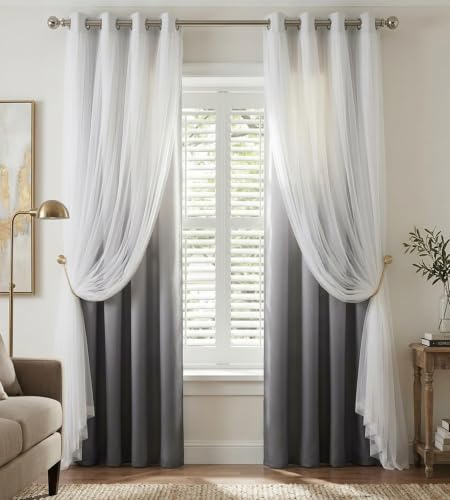 PONY DANCE Grey Double Layer Blackout Curtains with White Sheer 108 Inches Long for Girls Room, Elegant Black Out Ombre Drapes for Bedroom/Living Room/Nursery, 2 Panels with 4 Tiebacks, 52" W x 108" L