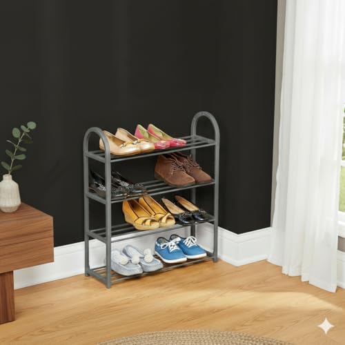Image of Premium 4-Tier Metal Shoe Rack Organizer | Elegant Space-Saving Shoe Stand for Home & Entryway | Heavy-Duty Steel | Stores 8-12 Pairs (Grey, 4)