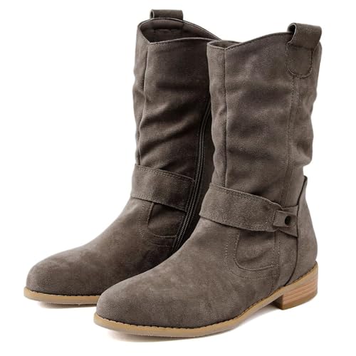 2025 Winter Casual Suede Round Toe Booties Comfortable Shoes with Side Zipper Buckle Strap Winter Booties 2025 Vintage Dressy Shoes2