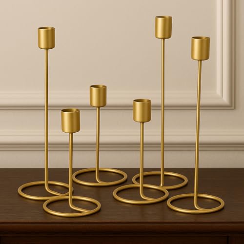 Image of (Set of 6) Gold Metal Candle Holders for Home Decoration | Modern T-Light Stand for Living Room, Bedroom, Office & Gifting