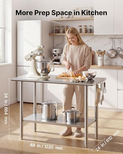 Image of VEVOR Stainless Steel Work Table, 24x48 Inch Food Prep Table, Commercial Kitchen Workstation with Adjustable Undershelf, Metal Heavy Duty Utility Worktable, for Restaurant Home Hotel Garage Outdoor