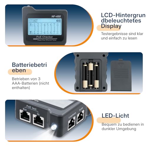 Mcbazel Netzwerk RJ45 Tester mit LCD Display, Netzwerk Kabeltester mit POE-Funktion