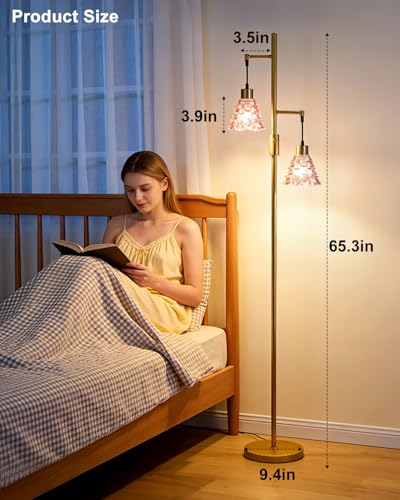 Image of 2-Light Modern Glass Floor Lamp, Gold Standing Tall Lamp with Deep Red Shell Glass Shade, Dimmable LED Floor Lamp with 5Lbs Heavy Base for Living Room Bedroom Home Decor, Bulb Included