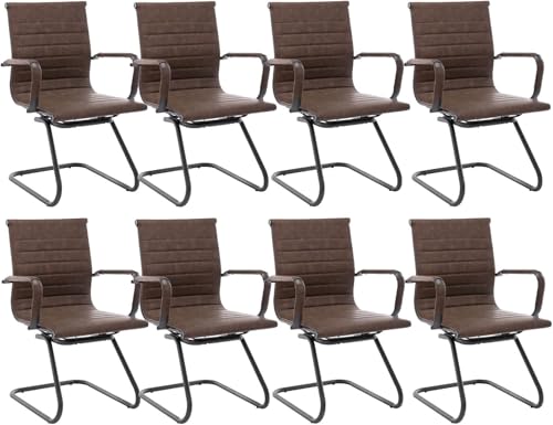 Image of HNY Leather Office Guest Chairs & Reception Chairs Set of 8, Modern Waiting Room Chairs with Arms, Desk Chair no Wheels with Sled Base for Waiting Room /Conference Room, Retro Brown