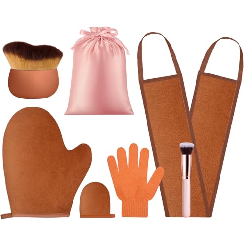 Image of 6pcs Self Tanning Mitt Applicator Kit Including Self Tanning Mitt and Brush, Body Brush, Back Applicator, Mini Facial Glove, Facial Tool, Exfoliating Glove(Brown)
