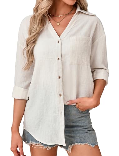 Enmain Beige Shirt Womens Long Sleeve V-Neck Ladies Linen Sh
