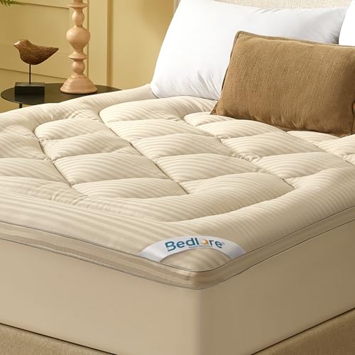 Image of BEDLORE Full Mattress Topper, Thick Pillow Top Pad for Back Pain Relief, Soft Mattress Cover with Deep Pockets 6-15 inch（Beige）