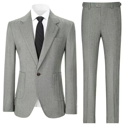 Men's Slim Fit Herringbone Tweed Suit | 2-Piece Wool Blend Set (Jacket+Pants)