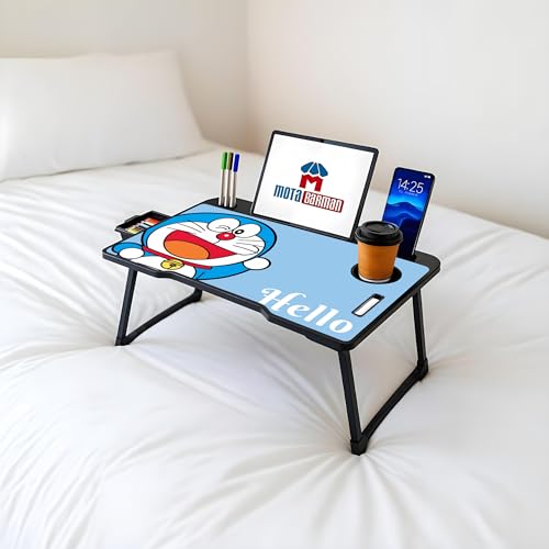 Image of Foldable Wooden Laptop Bed Tray Table, Multifunction Lap Tablet Desk with Cup Holder, for Eating Breakfast, Reading Book, Working, Watching Movie on Bed (Doremon)