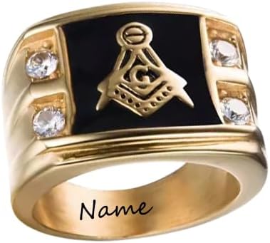 10K 14K 18K Real Gold Masonic Freemason Ring for Men, Solid Yellow Gold Black Onyx Mens Ring for Him for Dad Husband Grandpa Godfather Engagement Fathers Day Birthday US Size 4-18