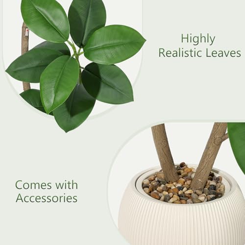 6FT Artificial Plant Rubber Tree with Off White Sphere Resin Planter & Stone Faux Fiddle Leaf Fig Tree Indoor Artificial Tree Tall Plant Fake Tree Tropical Large Floor Tree Real Touch for Home Decor