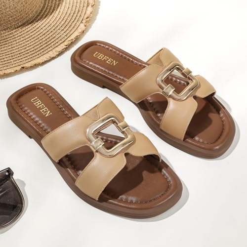 Image of UBFEN Womens Square Toe Flat Sandals Slides Dressy Comfortable for Beach