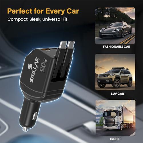 Image of Stellar Drive XC-11 4-in-1 Car Charger 90W, Built-in Retractable USB-C Cables, USB-C PD 30W + QC 3.0, Super Fast Charging, Compact Car Phone Charger iPhone Android Tablet GPS - Matte Black