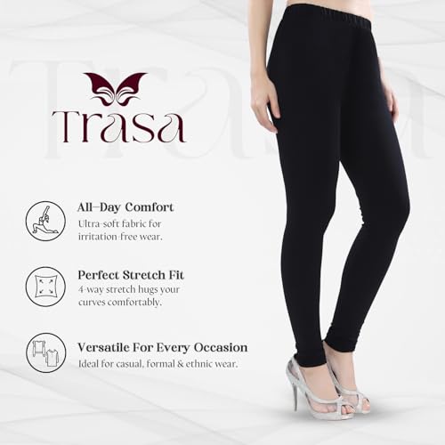 Image of TRASA Ultra Soft Cotton 4 Way Stretchable Churidar Solid Regular and Plus 20 Colours Leggings for Womens and Girls -Sizes :-M, L, XL, 2XL, 3XL, 4XL, 5XL, 6XL