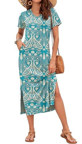 Image of MISFAY Womens Maxi Dress Short Sleeve V Neck Loose with Pockets | Soft stretchy breathable, v neck loose fit, side split hem, two side pockets, casual daily beach vacation travel dress