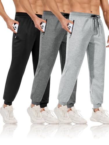 Image of Orrfreer 3 Pack Men's Joggers Cuffed Tracksuit Bottoms Men Lightweight Jogging Trousers with Zip Pockets Running Sports Casual Sweatpants Black/Charcoal/Gray M