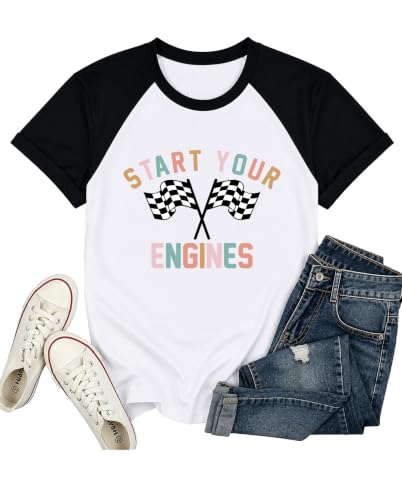 IsPICK Start Your Engines Shirt for Women Racing Car Checkered Graphic Tees