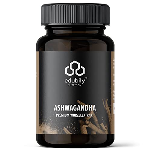edubily nutrition® Ashwagandha-Extrakt. Mit 500 mg Extrakt pro Kapsel. Markenrohstoff KSM-66® mit 25 mg Withanoliden. 60 Kapseln pro Glas.