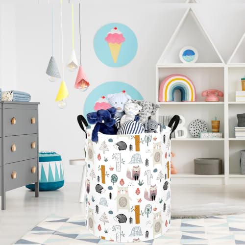 Image of Collapsible Storage Basket 15.7 inch Dx19.7 inch H, Cute Print Fabric Laundry Hamper with Handles, Foldable Storage Bin for Kids Nursery Bedroom Toy Clothes Organizer(Woodland Animals)