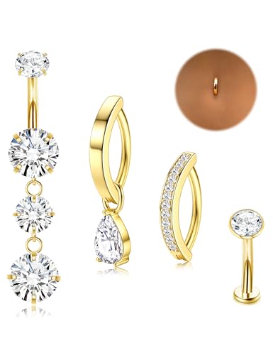 LOLIAS Gold Belly Button Ring - 14G Surgical Stainless Steel Belly Rings Hypoallergenic Clicker Belly Button Piercings for Women CZ Dangle Belly Button Rings Navel Piercing Pack Silver/Gold