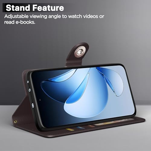 Image of Pikkme Flip Cover Leather Finish | Inside TPU with Card Pockets | Wallet Stand and Shock Proof | Complete Protection Button Flip Case for Oppo Reno 13 5G(Coffee)