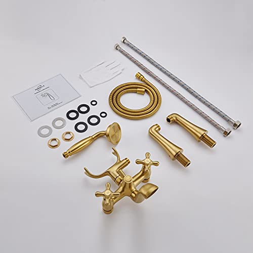 Hanallx Clawfoot Tub Faucet Deck Mount Tub Filler Brushed Gold Vintage Bathtub Faucets Brass With Telephone Shaped Handheld Shower #TOP6
