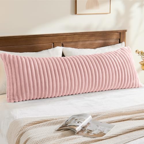BEDELITE Fluffy Faux Fur Body Pillow Cover with Zipper Luxury Plush 3D Striped Pillow Cover 20x54 Inches Super Soft and Cozy Long Body Pillow Pillowcase for Bed Sofa Couch Room Decor(Pink)