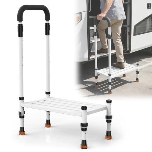 Adjustable Height Car Step Stool with Handrail for RV SUV & Truck - 4 Legs & Handrail Height Adjustable Heavy Duty 800 lbs Capacity Non-Slip Safety Step Assist for Elderly Seniors & Mobility Aid