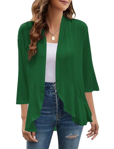 Image of Yekaty Women Cardigan 3 /4 Sleeves Open Front Lightweight Cardigan Draped Ruffles Knit Cardigan