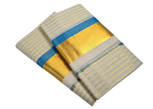 Image of Womens Kuthampully Set Mundu With Golden & Stripes Kara
